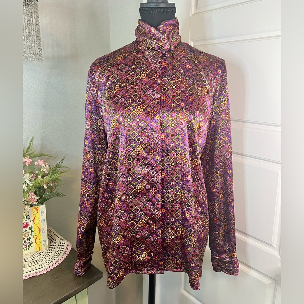 Martinique Vintage 80s 90s Satin Purple‎ kaleidoscope Print Colorful Blouse Sz 8
